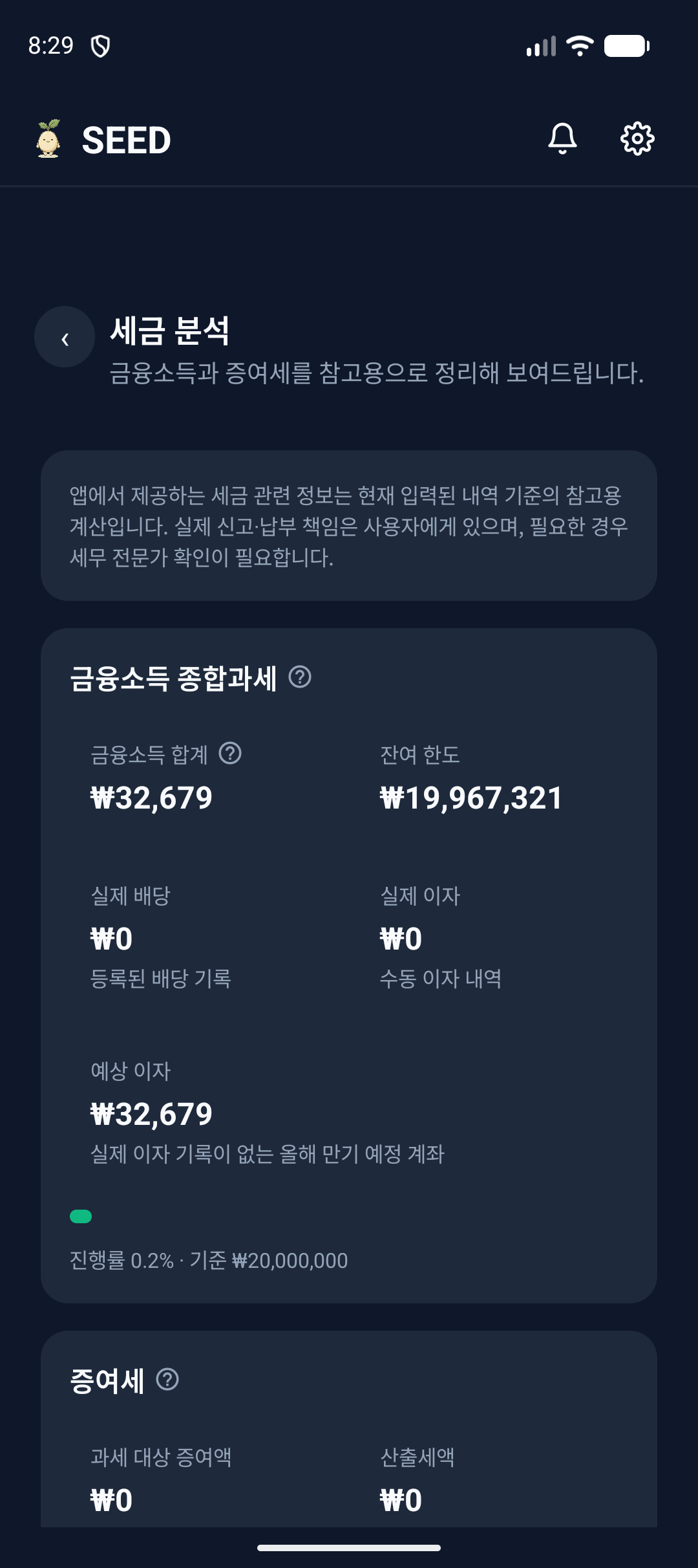 SEED 세금 분석 화면